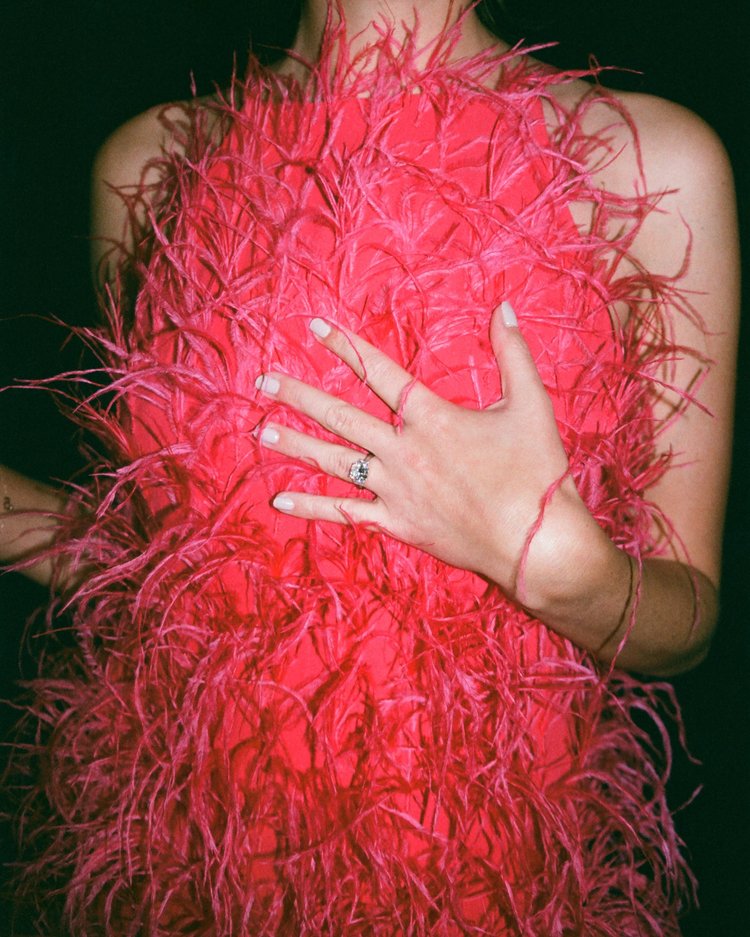 Pink dress engagement party shot on film by parkers pictures