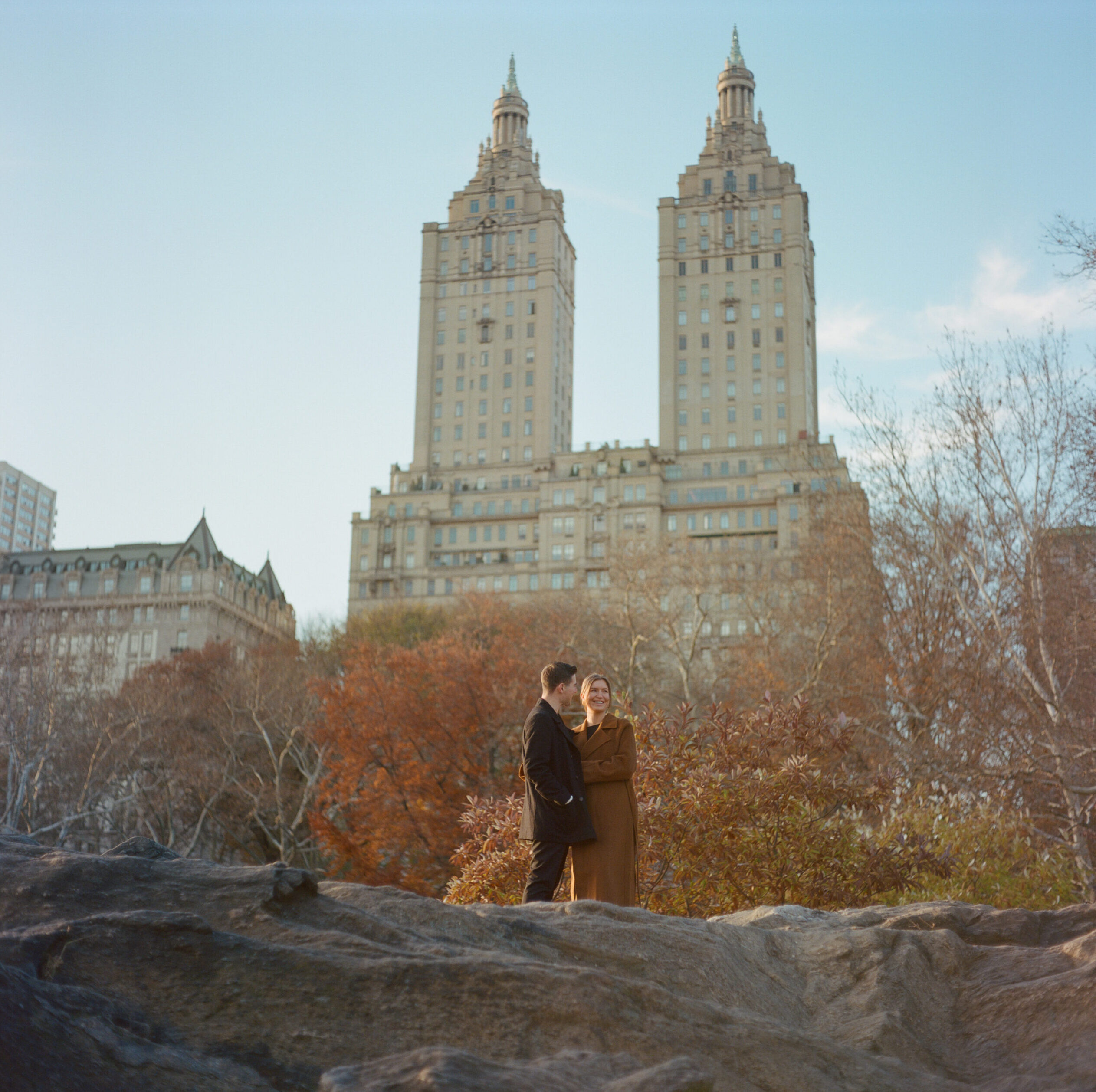 autumn engagement shoot in central park nyc shot on medium format film by parkers pictures