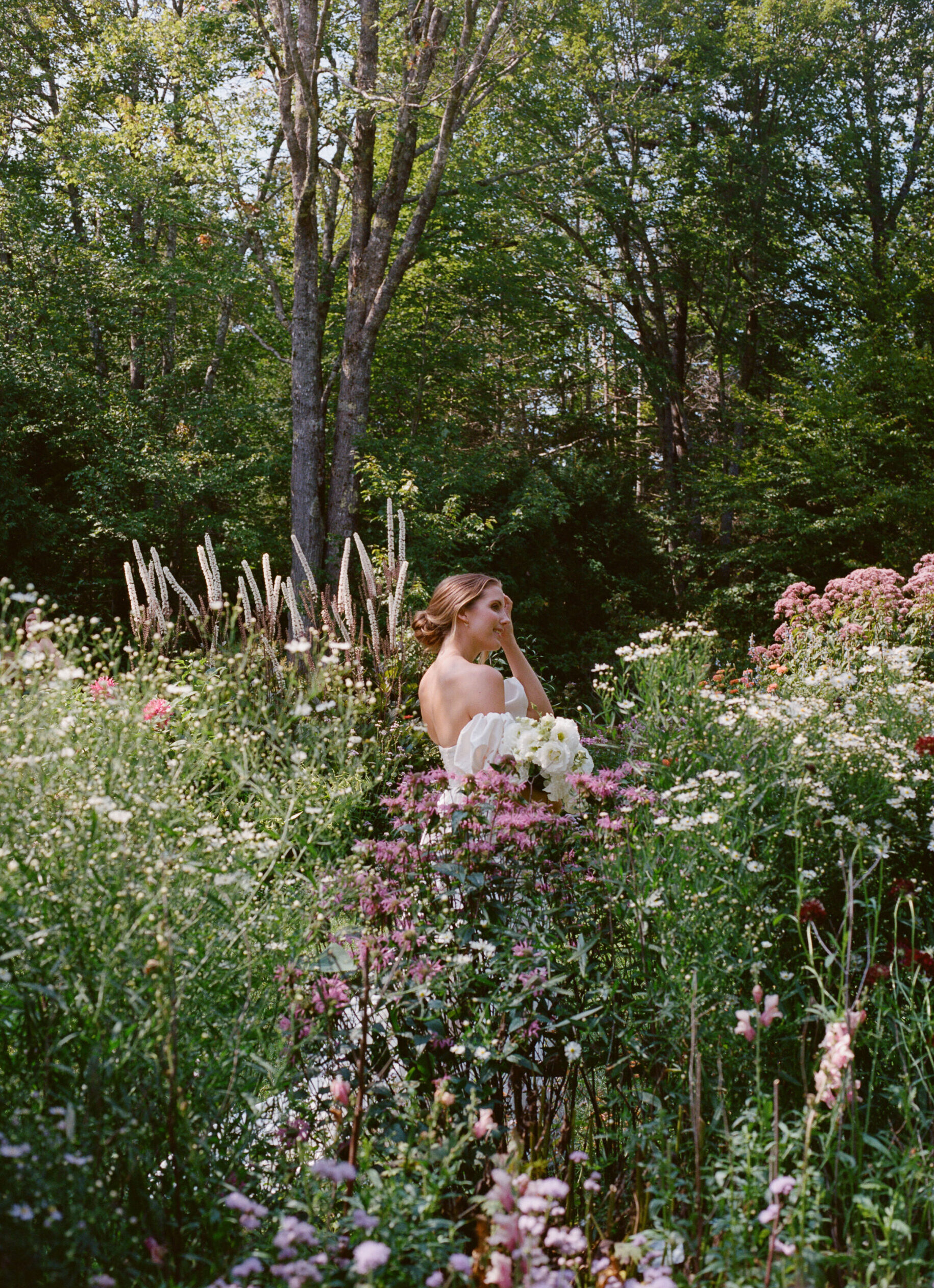 bride among flowers wedding on mount desert island maine shot on film by parkers pictures