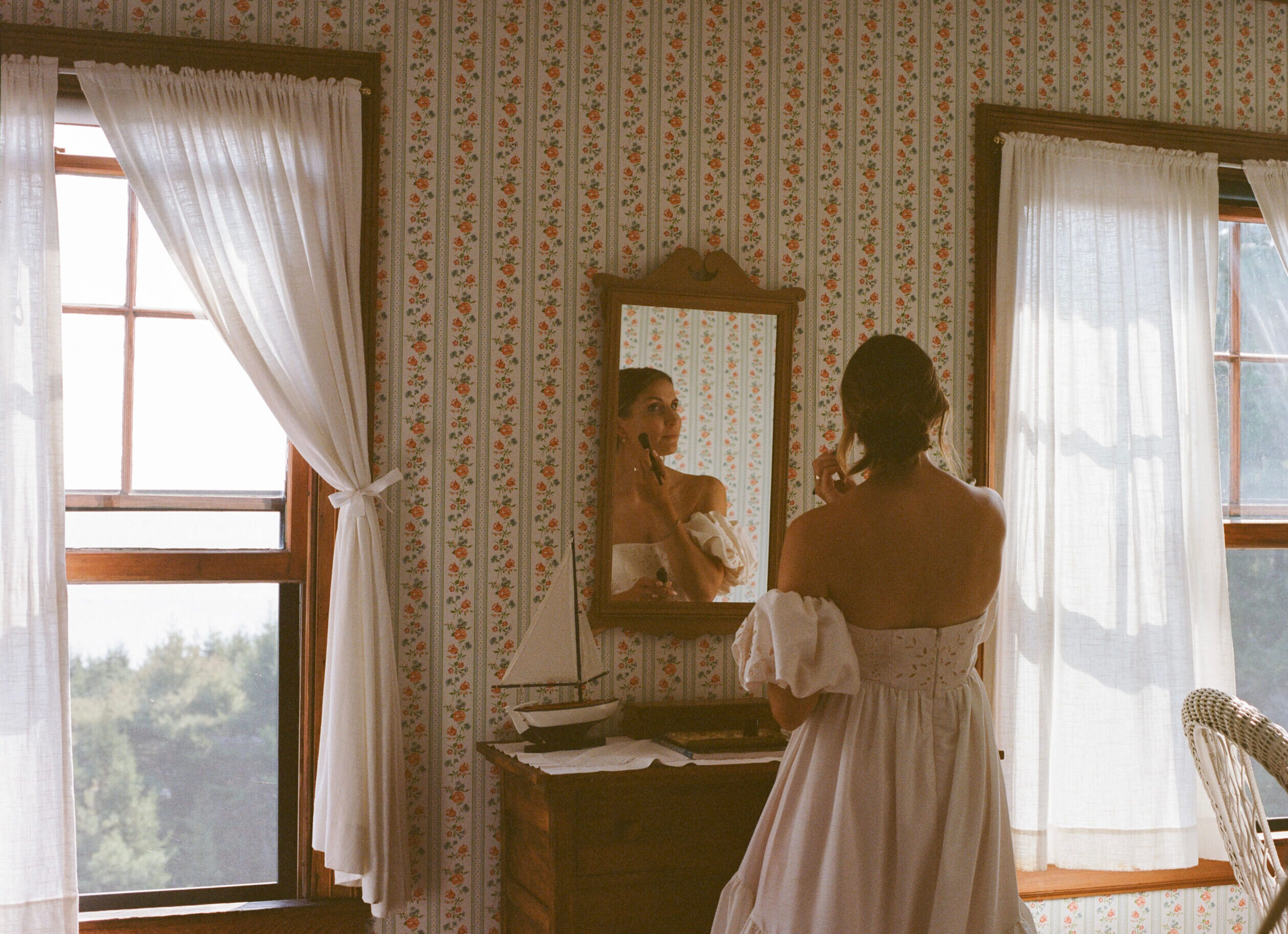 bride getting ready on mount desert island maine shot on film by parkers pictures