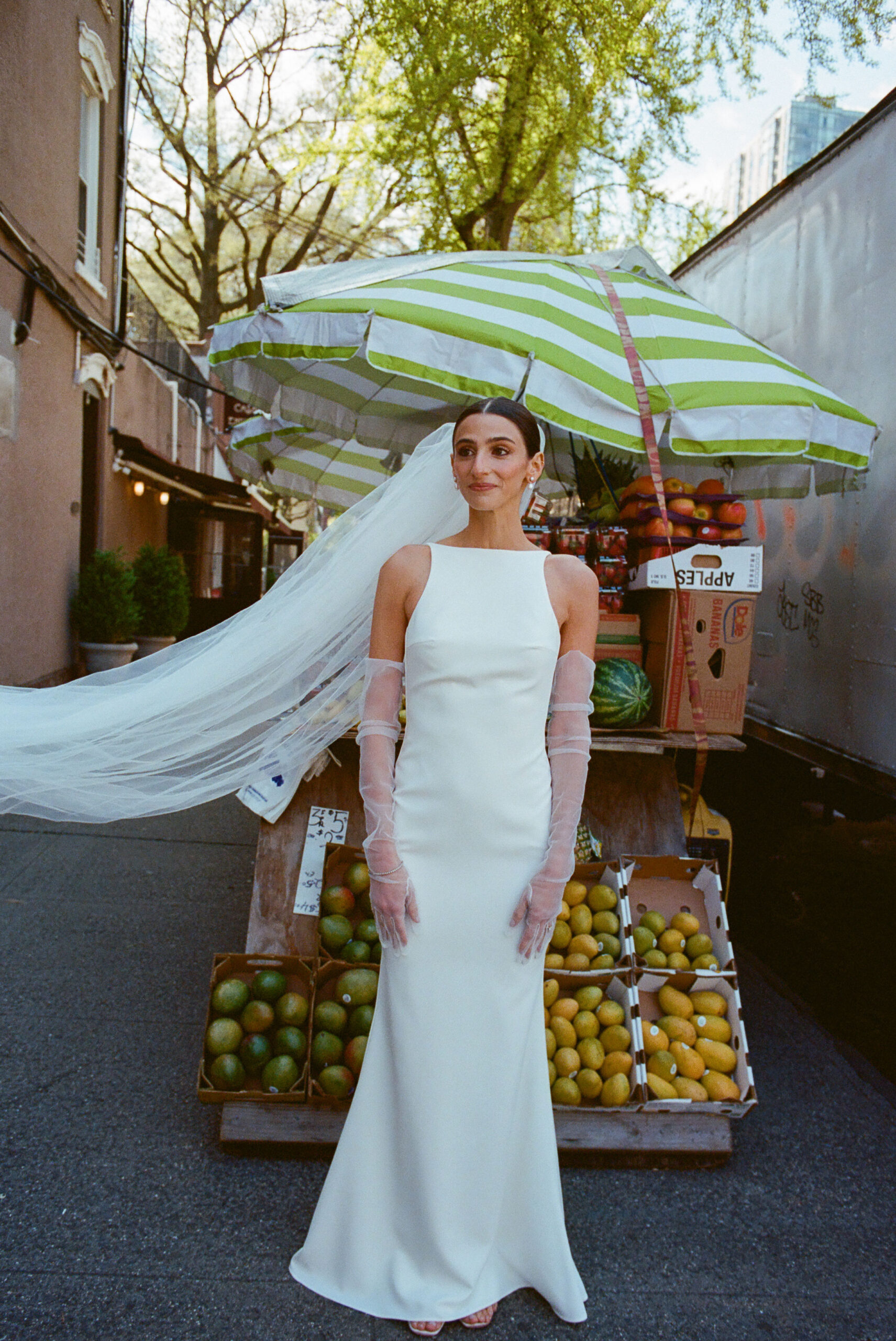 NYC Fruit Stand Bridal Portrait taken by Parkers Pictures